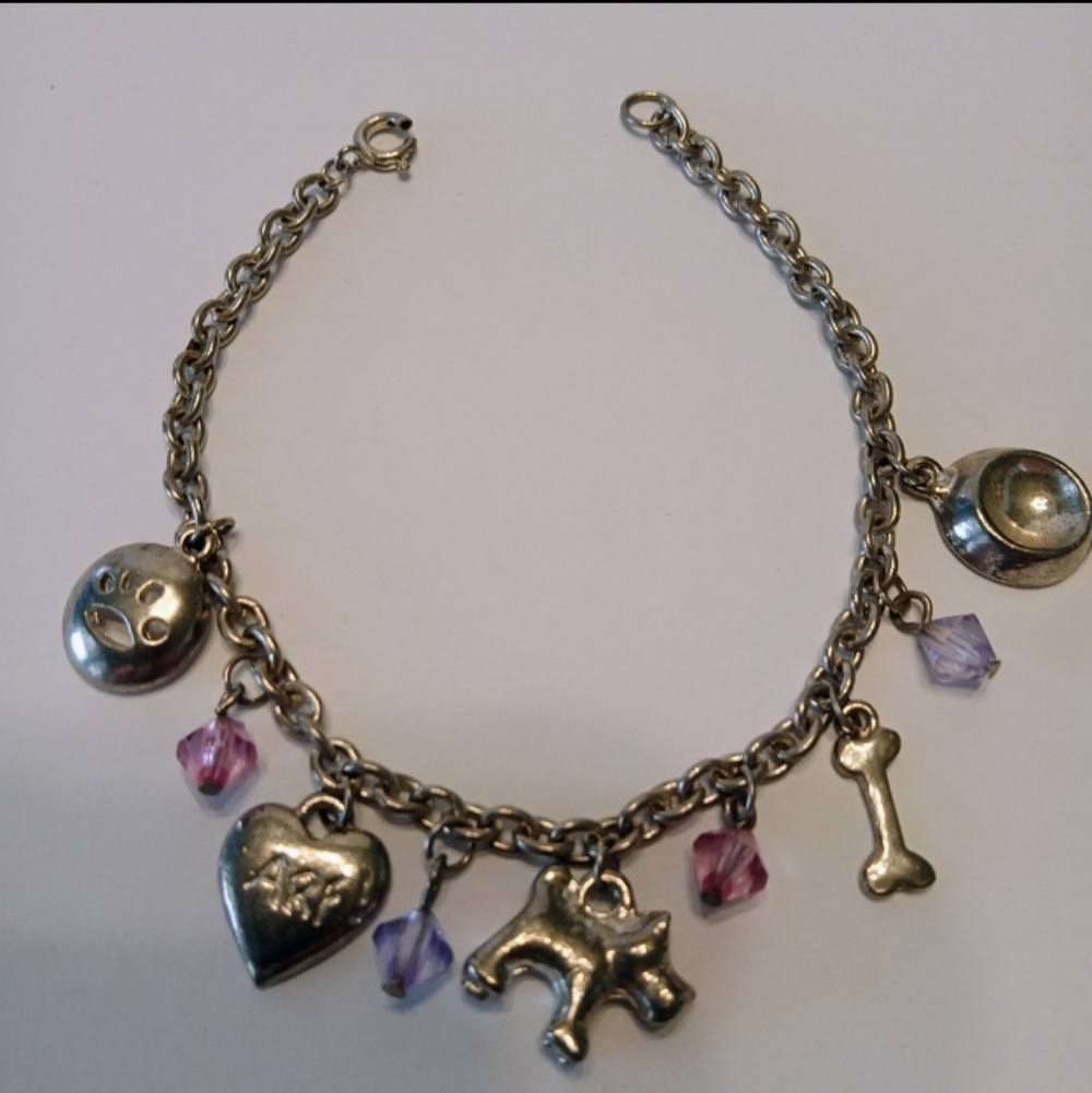 Silver Tone 7" Doggie Charm Bracelet Amethyst Purples Dangle Beads Spring Ring